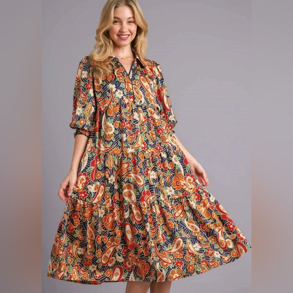 Umgee Navy Multi Satin Paisley Tiered Midi Dress with Puff Sleeves Medium M